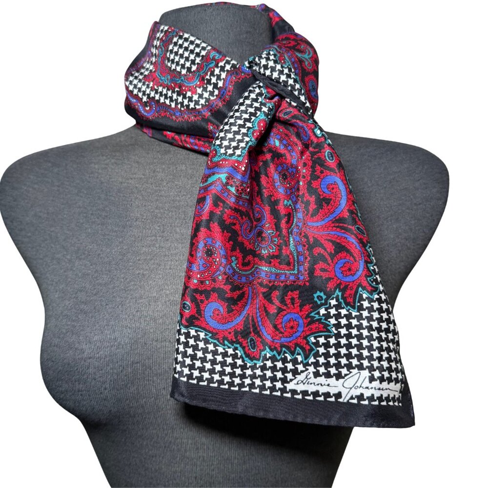 Vintage Ginnie Johansen Silk Paisley Scarf Houndstooth Border 34"